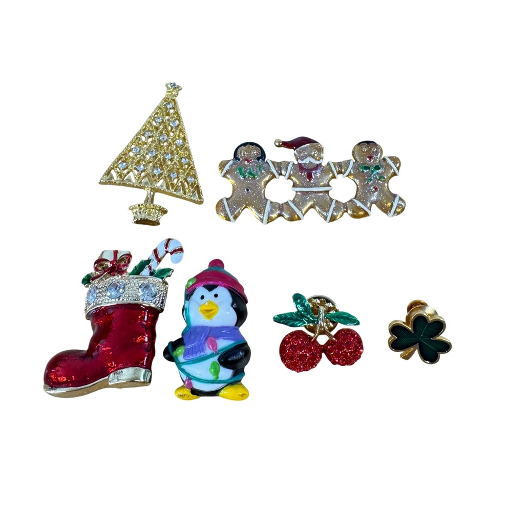 Vintage Christmas Holiday Seasonal‎ Pin Brooch Lot Hallmark Penguin Gingerbread